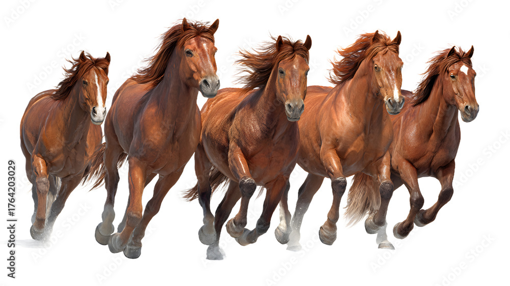 Obraz premium A group of five brown horses with flowing manes running dynamically, isolated on transparent background