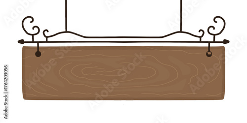 Blank wooden signboard hanging on wrought iron bracket vector illustration. Rustic shop sign