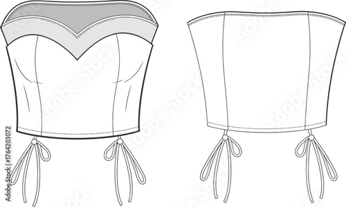 Women's strapless corset top technical sketch, sweetheart neckline, side ties, structured seams, fashion flat, garment design, cad drawing flat vector illustration