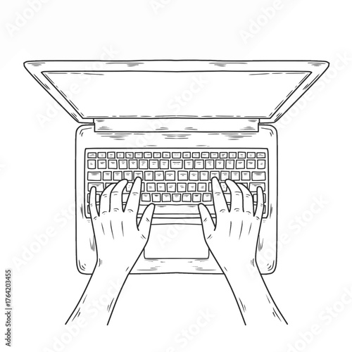 Hand drawn vector illustration of hands typing on laptop Keyboard. Workspace Sketch. Line art style hand drawn illustration on white background