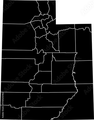 Black vector political map of Utah state outline with all internal county borders, filled with a solid black color, presented as a map of the Western United States territory.