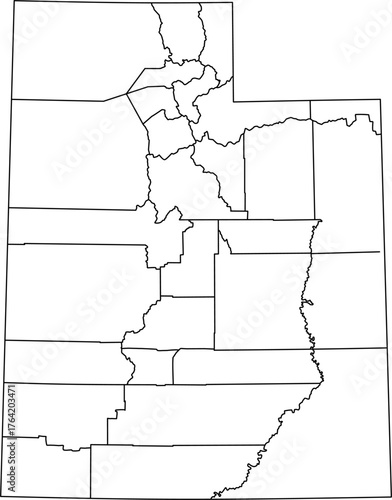 Vector political map of Utah state outline with all internal county borders and administrative divisions, presented as a blank template map of the Western United States territory.