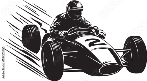 Silhouette of racing driver speeding in vintage formula one car