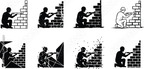 Silhouette illustration of bricklayer working on wall construction using level tool, mason checking alignment, construction worker building brick wall precision