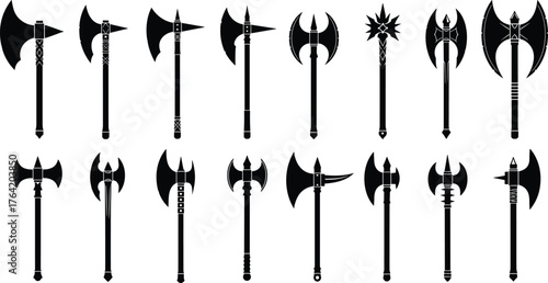 Battle axe silhouettes in multiple designs, medieval weapon collection, fantasy warrior tools illustration, ancient combat arms, cad drawing flat vector illustration