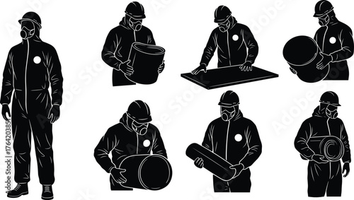 Hazmat workers in protective suits, safety gear, respirators, handling hazardous materials, silhouette illustration, chemical safety, contamination control, PPE equipment