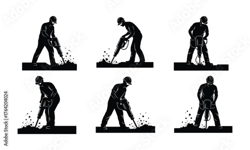 Construction workers operating jackhammers, industrial labor silhouettes, safety gear, demolition power, manual work, heavy machinery, dust debris, urban site tools
