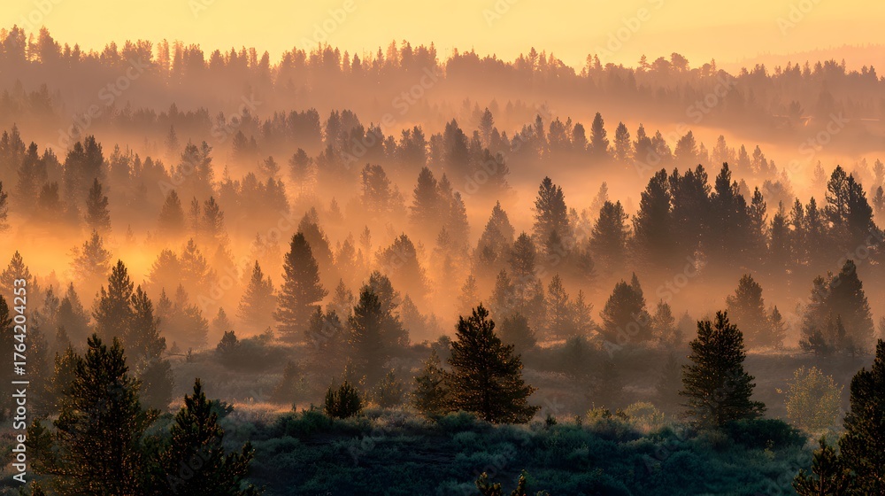 Obraz premium Dense evergreen forest layers shroud rolling hills engulfed in soft morning fog illuminated by rising sun