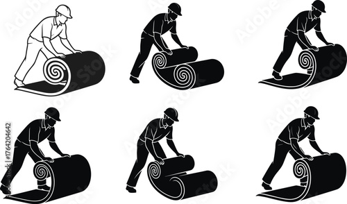Construction worker rolling out floor insulation material, industrial labor man installing roofing sheet, black silhouette worker in safety helmet, vector illustration, construction process 