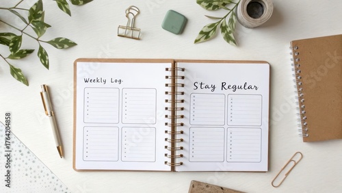 Open Notebook with Weekly Log and Stay Regular on Stylish Desk