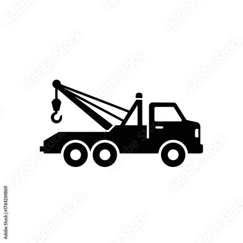 Vector illustration of black silhouette of a tow truck with a crane