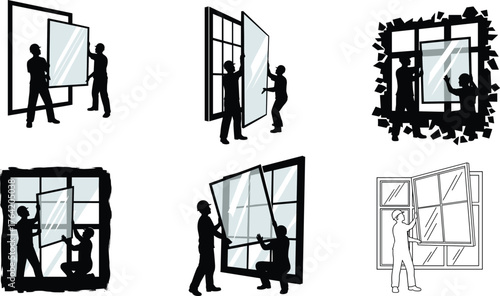Construction workers installing large glass windows, professional glaziers working together on window installation, home renovation and building maintenance concept illustration