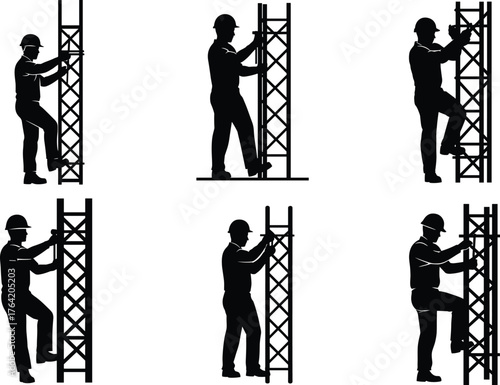 Construction worker climbing scaffolding tower safely, industrial worker silhouette, builder wearing safety helmet working on construction site with metal structure illustration