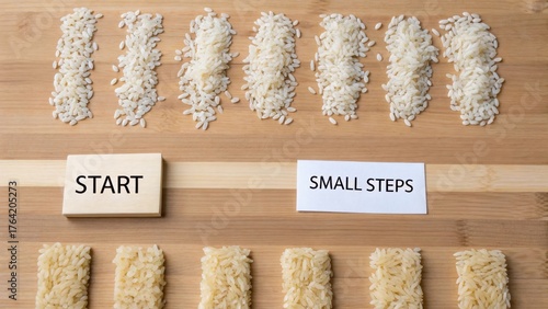 Rice Grains Arranged in Rows with Start and Small Steps Labels