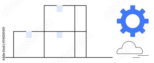 Stacked boxes beside gear and cloud outline symbolize technology, storage, and systems. Ideal for logistics, cloud computing, warehouse management, innovation, organization, efficiency