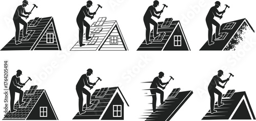 Roofer worker installing shingles on house roof, construction man with hammer, roofing repair, builder silhouette, home maintenance and renovation concept