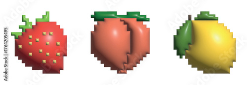 Set of pixel emoji fruits with 3D effect — strawberry, peach, and lemon in vibrant red, orange, and yellow tones. Modern digital vector emoji icons with a retro gaming and volumetric aesthetic style.