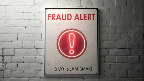 Red Neon Fraud Alert Sign on White Brick Wall for Safety Awareness