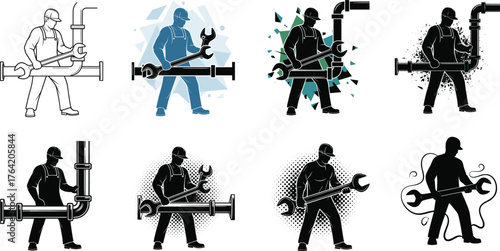 Professional plumber working with wrench and pipeline installation, maintenance repair service, 
