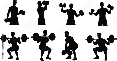 Weightlifting silhouettes with dumbbell and barbell exercises, strength training poses, bodybuilding workout illustration, gym fitness posture, cad drawing flat vector illustration