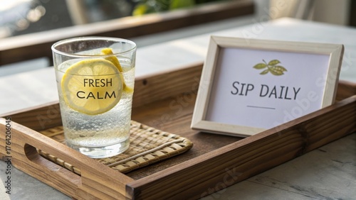 Refreshing Lemon Drink on Wooden Tray with Motivational Sign