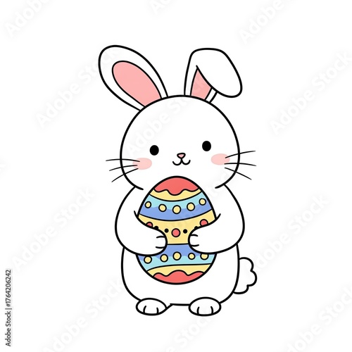 A rabbit holding a decorated Easter egg, white background. Easter concept.