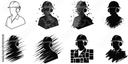 Construction worker silhouette set, engineer in safety helmet and ear protection, abstract design illustration for industrial safety and architecture