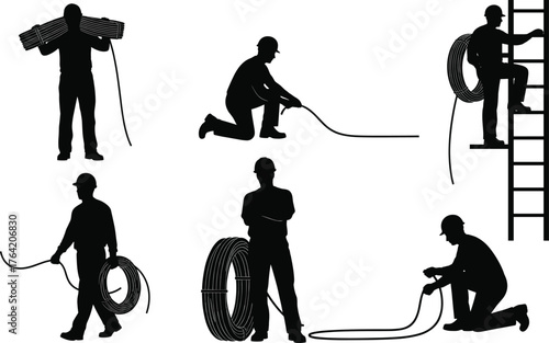 Silhouette electricians working with cable, industrial wiring installation, professional workers handling electrical wires, maintenance service, power connection setup illustration