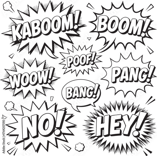 Collection of Black and White Comic Book Style Sound Effect Words and Explosions Keywords: comic, sound, effect, words, explosions, onomatopoeia, boom