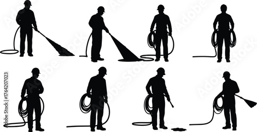 Construction worker using pressure washer silhouette, cleaning concept illustration, industrial maintenance worker design, water hose equipment operation, professional cleaning job art