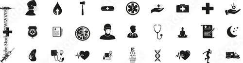 Medical Healthcare icon set. Containing stethoscopes, doctor, hospital, syringe, DNA, blood, ambulance, heart. Editable vector illustration