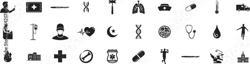 Medical Healthcare icon set. Containing stethoscopes, doctor, hospital, syringe, DNA, blood, ambulance, heart. Editable vector illustration