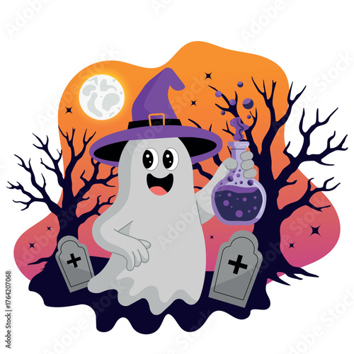 Cute Halloween ghost in a witch hat holding a magic potion. Flat cartoon vector style illustration with moon and graveyard. Perfect for kids' designs, stickers, cards, and holiday decor.