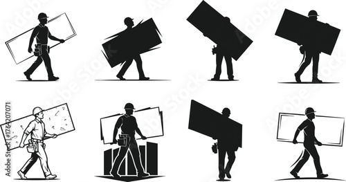 Construction worker carrying large board silhouette, heavy load concept, building material transport illustration, industrial labor strength, professional worker design art
