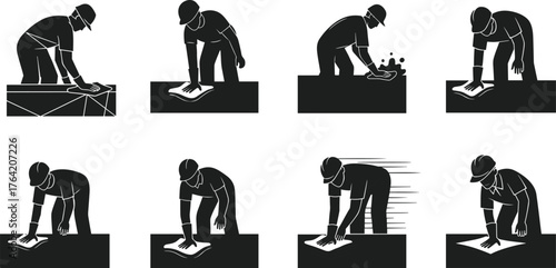 Construction worker plastering wall silhouette, masonry labor concept, building site maintenance illustration, renovation process, worker applying cement for smooth finish
