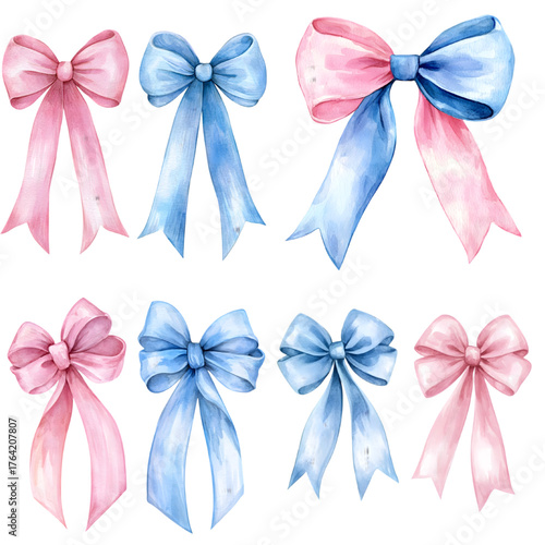 watercolor pink and blue bows illustration, hand-painted ribbons isolated on a transparent background