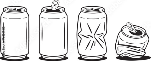 Four soda cans showing stages of being crushed Keywords: soda can, drink can, beverage can, aluminum can, crushed can, crumpled can, recycling, waste