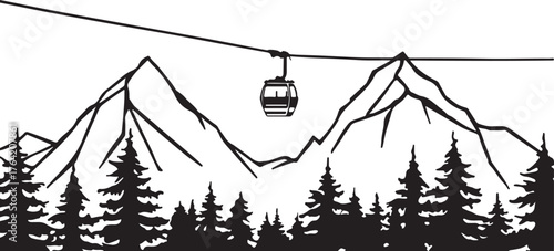 Mountain cable car line art scenic transport cableway in snowy tree lined landscape