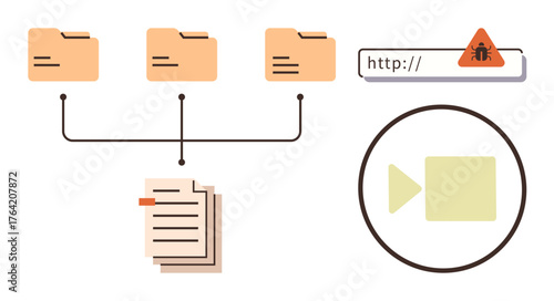Folder hierarchy connected to documents, web URL with malware warning, and video play button in a circle. Ideal for cybersecurity, documentation, data management, online safety, virus protection, web