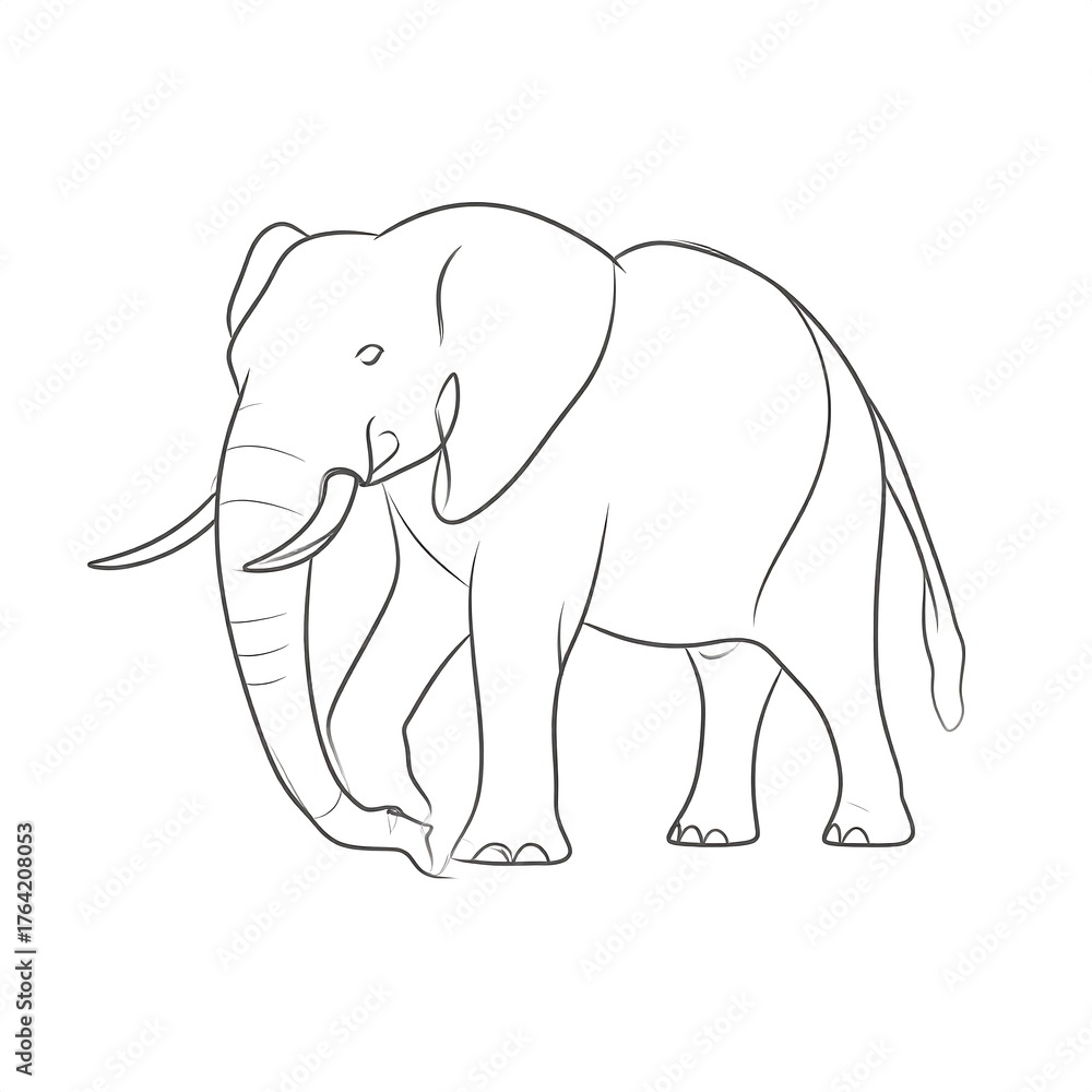 Fototapeta premium Line drawing of an elephant, walking, side profile view, monochrome