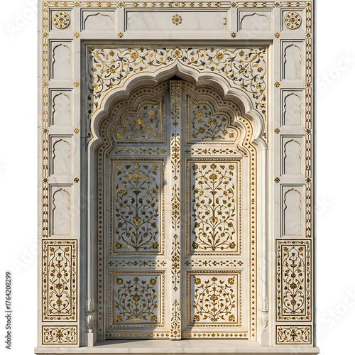 Intricate White Marble Doorway With Golden Floral Inlay Decoration Agra India Art