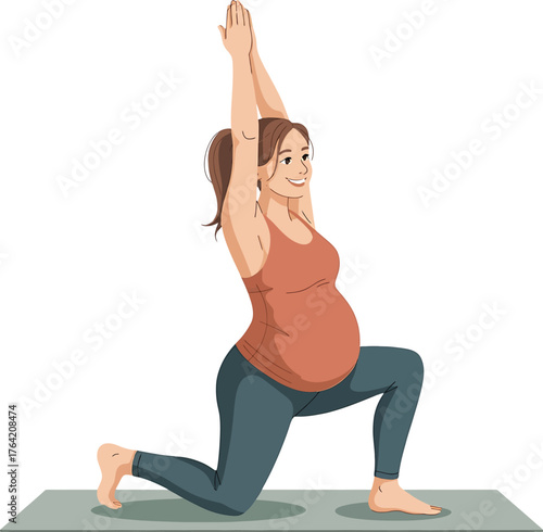 Pregnant woman doing yoga on a mat in a lunge pose pregnancy expecting