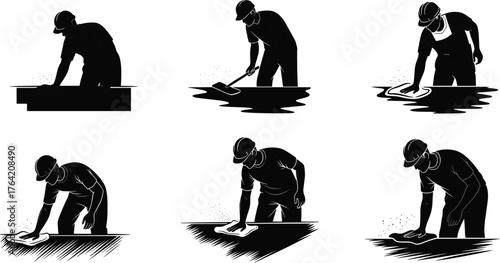 Construction worker polishing concrete, manual labor, surface finishing,