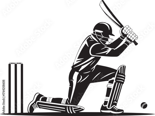 Silhouette of a cricket batsman in action with wickets and ball on white background player sport