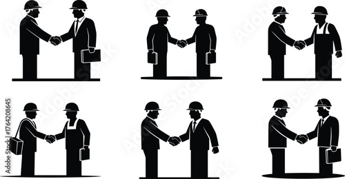 Construction handshake, teamwork agreement, engineer and worker partnership, business collaboration on site, industrial deal, professional cooperation, success, leadership, safety, trust