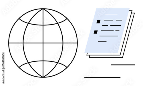 Globe outline with document stack symbolizing worldwide communication, file sharing, and record management. Ideal for business, education, collaboration, technology, globalization, data simple flat