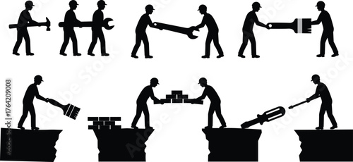 Construction workers carrying tools, building bridge connection, teamwork, collaboration, industrial labor, engineering concept, teamwork success, professional workforce illustration.