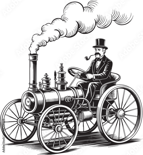Vintage Man in Top Hat Driving Steam- Powered Automobile with Pipe Keywords: vintage, man, top hat, driving, steam-powered, automobile, car, pipe
