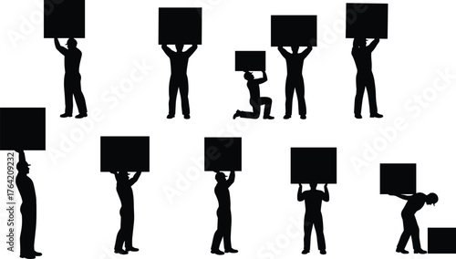 People holding blank protest signs, empty banner silhouettes for demonstration, activism, announcement, campaign, communication, social awareness, message concept illustration.