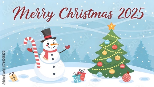 Charming snowman and decorated christmas tree wishing merry christmas 2025